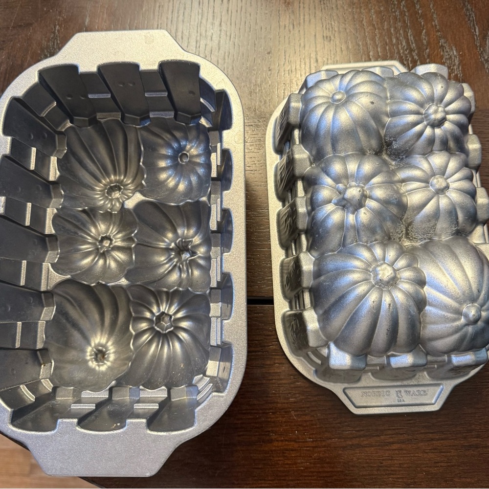 2 Nordic Ware Silver Heavy Aluminum Pumpkin Loaf Pans reduced to $10 per pan.